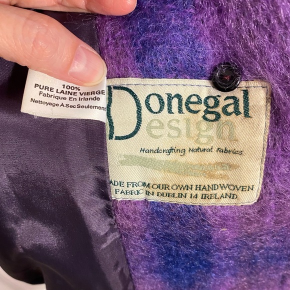 Vintage Donegal Ireland Handwoven Pure New Wool Mohair Plaid Scarf Coat Purple L - Picture 2 of 10